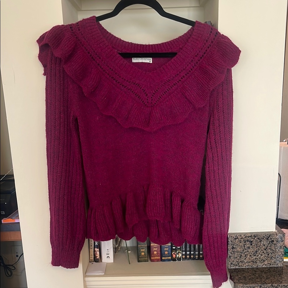 Ruffled Burgundy Crew Neck Sweater